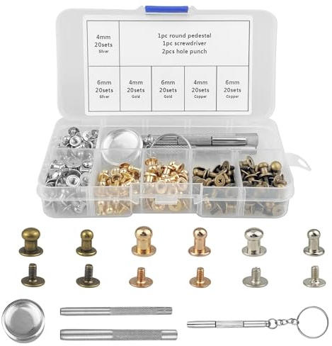 120 bottoni a testa tonda da 4 mm/6 mm, con doppia borchia, viti Chicago, testa tonda in ottone, per fai da te, artigianato, pelle, riparazioni, portafogli (oro, argento, bronzo)