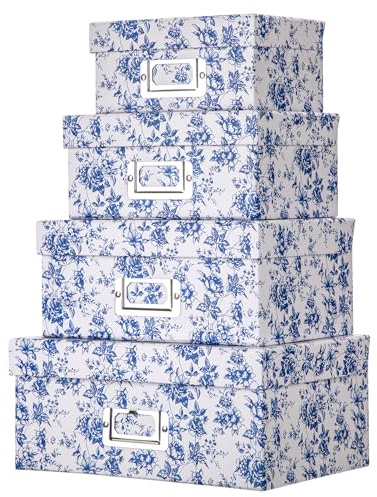 Briful Blue and white Porcelain Storage Boxes, Photos Storage Boxes with Lids 4 in 1 Set Water-proof Gift Boxes Sets Decorative Multiple Size Storage Bins for Clothes/Office/Christmas Decorations