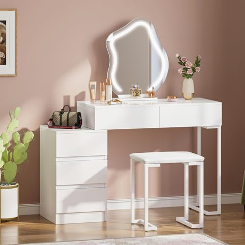 Dressing Table with Mirror and Stool Set, Modern Vanity Table Makeup Desk with 3 Color Lights Mirror & 5 Drawers, Bedroom White Dressing Table Set Cosmetics Dresser with Side Cabinet for Girls Women