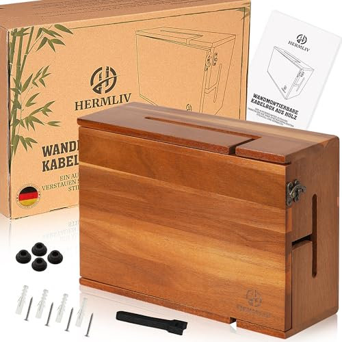 HERMLIV® Kabelbox Holz zur Wandmontage- XXL Steckdosenleiste Box Wand als platzsparende Lösungen für Kabelsalat – Hochwertige Kabelbox Wand zum Verstecken von Kabel und Steckdosen – Kabel Kasten Set