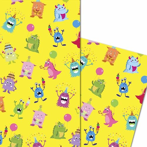 FROINDS 5 Bögen Geschenkpapier mit frechen Party Monster - Geschenke Geburtstag Jugendliche Kinder Jungs Mädchen - lustige DIY Bastelbögen stabile Qualität Bogengröße DIN A2 (42 x 59 cm)