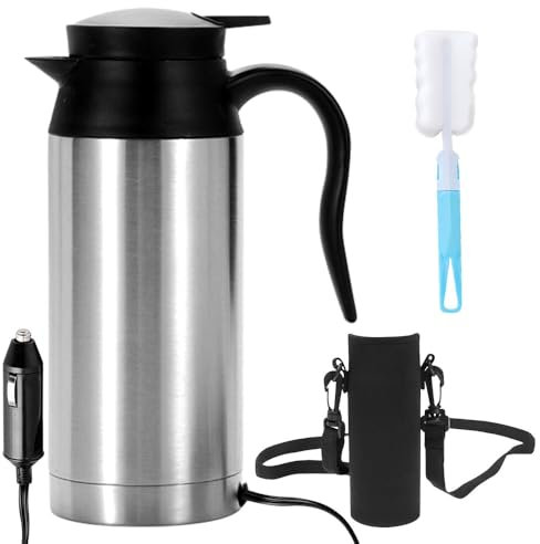 Auto Wasserkocher Edelstahl, 12V 750ml Reisewasserkocher Auto Zigarettenanzünder Tragbarer Edelstahl Reise Wasserkocher Auto Reise Teekanne Kettle für Heißwasser, Schnelles Aufheizen Auto Kettle