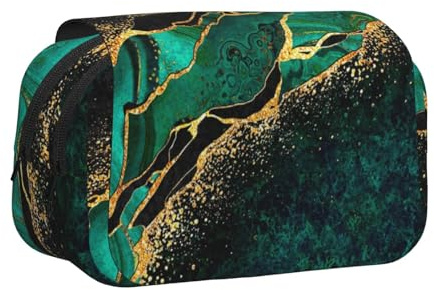 YXDVPALNE Schwarzer blaugrüner Marmor, grüner Malachit mit goldenen Adern, goldenen Flecken Doppeltes Clamshell-Stifteetui, tragbares Bleistiftetui mit Reißverschluss