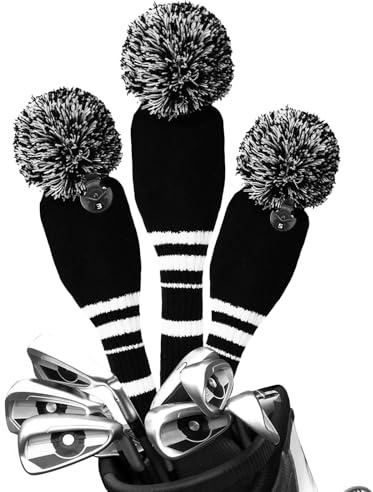 Golf Club Wood Head Covers Pom Value 1 3 Pack, Premium Knitted Driver and Wood Protection with Secure Elastic Fit, Stylish Classic Striped Design for Men & Women Choose