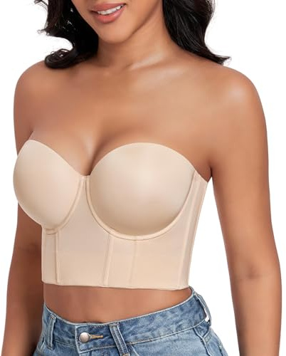DotVol Women's Non-Slip Strapless Full Coverage Underwire Longline Corset Bustier Bra(Beige,40B)