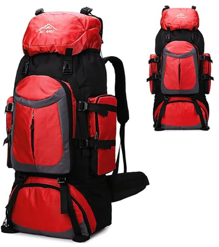 Kabxhueo Wanderrucksack 90L Herren Damen, Großer Trekkingrucksack Wasserdichter Reiserucksack Outdoor Sport Tagesrucksack Leichter Rucksack für Camping Trekking Wandern Mountainering Reisen,Rot