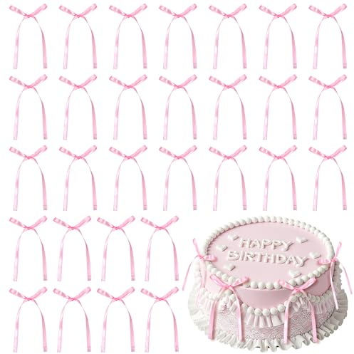 LIQWEI 30 Stück Tortendeko Rosa Schleifen, Rosa Schleifen Deko Torte Kuchendekorationen Cake Topper Mit Schleife Für Kindergeburtstag Hochzeit Party Hochzeitstag Valentinstag