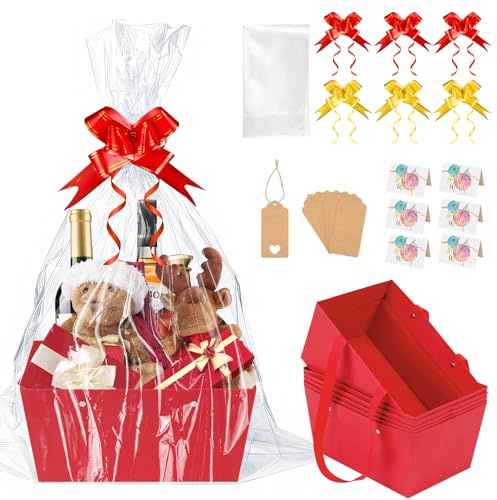 SelfTek Set med 6 stora tomma presentkorgar – presentkorg med tom presentkorg transparent folie, rosetter, gratulationskort, etikett, tom presentkorg för alla hjärtans dag