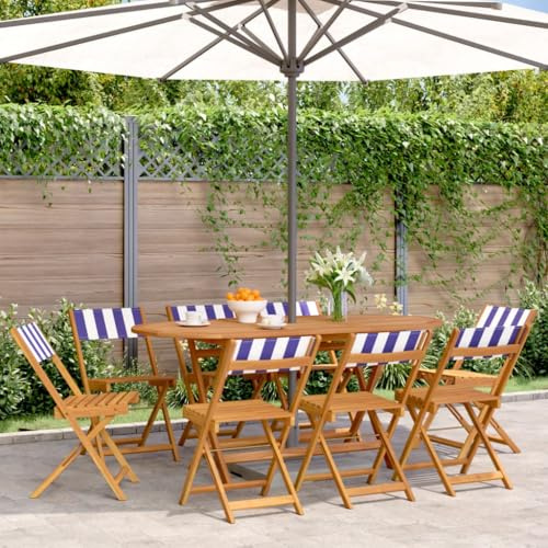 Qnhdfrt 8 Pack Folding Garden Chairs Solid Acacia Wood Blue White Polyester Fabric 41x52.5x80 cm Foldable Outdoor Patio Seating for Balcony Camping Picnic