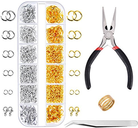 Paxcoo 1200 offene Biegeringe und Karabinerverschlüsse, Schmuck-Set mit Zange zur Schmuckherstellung (Silber und Gold)