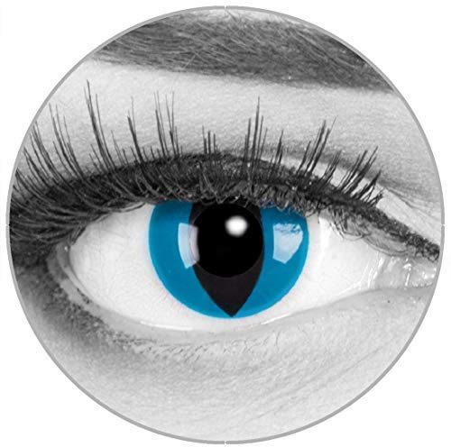 Funnylens Farbige blaue Kontaktlinsen Katzenaugen Mystic Cat - weich ohne Stärke 2er Pack + gratis Behälter – 12 Monatslinsen - perfekt zu Halloween Karneval Fasching oder Fasnacht