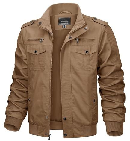KEFITEVD Bomber Jacket Men Casual Cargo Military Pilot Jacket Cotton Trucker Coat Windbreaker with Pockets,Khaki,XL