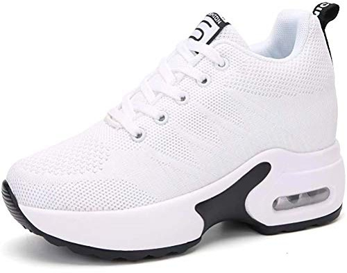 AONEGOLD Baskets Femmes Compensees Chaussure de Sport Gym Fitness Jogging Voyage Respirantes Mode Sneakers Coussin d'air Basses Compensée Plateforme Talon de 2786 8.5 cm Blanc 37 EU