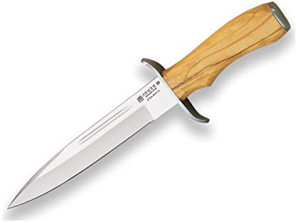 Joker Cuchillo de Caza Chamoís CO32, con puño de Olivo y Hoja MOVA de 18 cm, Funda de Cuero marrón, cruceta INOX, Herramienta de Pesca, Caza, Camping y Senderismo