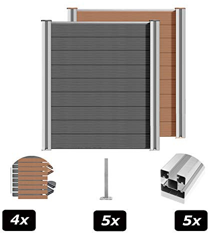 S SIENOC WPC Zaun Sichtschutzzaun Zaunblende Gartenzaun 180cm Lamellenzaun Alu-Pfosten Hellbraun Windschutz(4X Element + 5X Pfosten,Hellbraun)