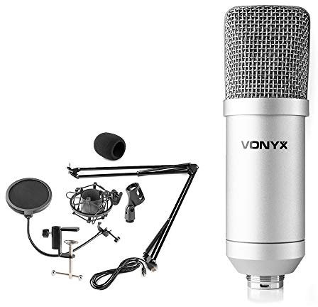 Vonyx CMS300S - Estudio Set microfono Condensador USB con Brazo articulado, con Filtro antipop y para-Vientos, Ideal grabación de Voz, Instrumentos, Gaming, Podcast, Youtube, Streaming Color Plateado