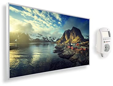 Könighaus Panorama Bildheizung 1200 Watt - Smart Thermostat - 18-29 m² | App, weißer Rahmen, Motiv: 06. Aussicht Norwegen, TÜV SÜD, Infrarot Wandheizung