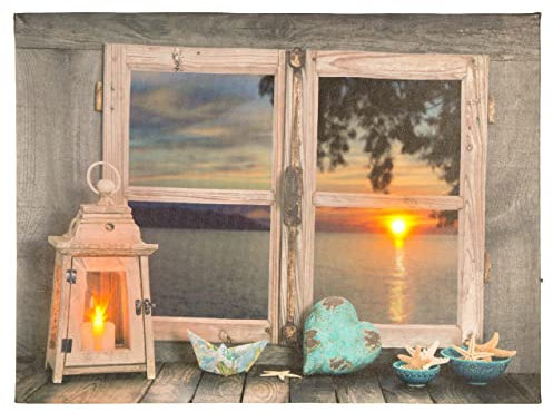 Nexos Trading LED Wandbild Leinwandbild mit Beleuchtung Fotodruck Blick aufs Meer 30 x 40 cm 1 LED warm weiß Kunstdruck Leuchtbild Wiese Vintage-Stil Ocean