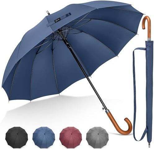 NINEMAX Large Umbrella Windproof Strong, Umbrella Wooden Handle, Classic Walking Stick Umbrellas for Men Women, Stick 12 Ribs (Navy Blue)