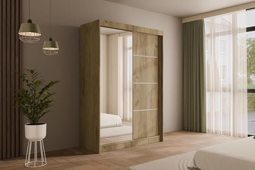 ALTDECOR Kleiderschrank mit Spiegel und Schiebetüren, kugelgelagerte Führungsschienen und Aluminium-Leisten - PAOKI - 120 cm Eiche Craft