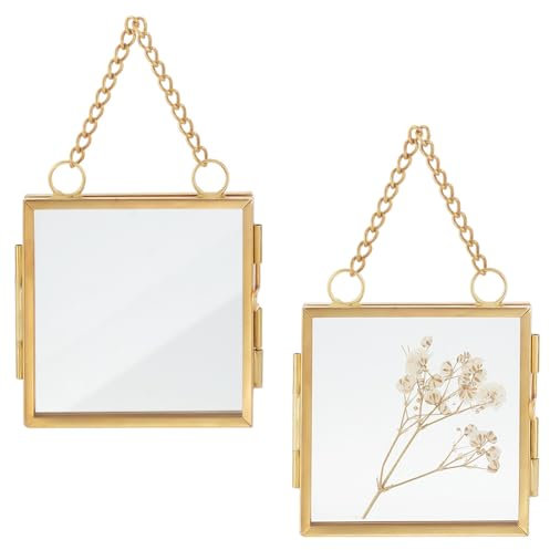 OLYCRAFT 2pcs Wall Hanging Mini Photo Frames 6x6cm Double Glass Picture Frame with Chain Folding Frame DIY Vintage Artwork Display Frames for Pressed Flowers Pictures Home Wall Decor