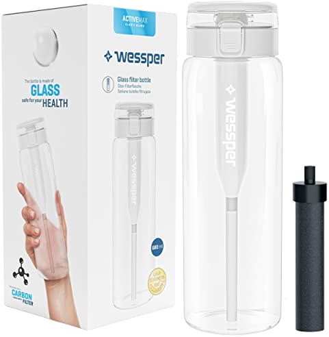 Wessper Water Bottle Borosilicate Glass, Water Bottle BPA-free with Filter 680 ml + Activated Carbon Filter Straw | for Family Life, Camping, Yoga, Fitness, Outdoor – Transparent