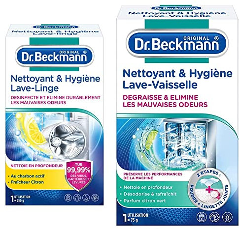 Lot de Dr. Beckmann Nettoyant & Hygiène Lave-Linge | Désinfecte et élimine durablement les mauvaises odeurs | 250g + Dr. Beckmann Nettoyant & Hygiène Lave-Vaisselle | Lingette joints incluse | 75g