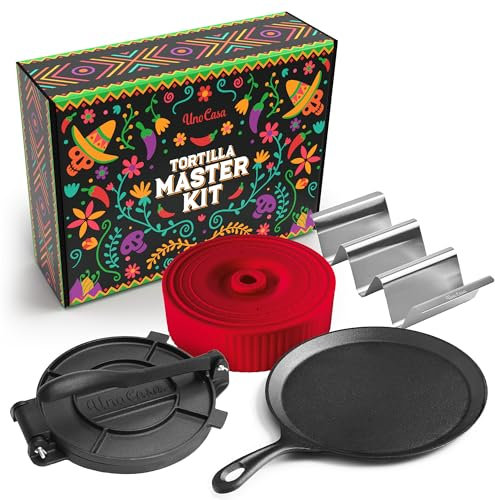 Uno Casa - Master Kit - Prensa de tortillas de 8 pulgadas con bandeja para comal, 4 soportes para tacos y calentador de tortillas, regalo único para amigos o familiares