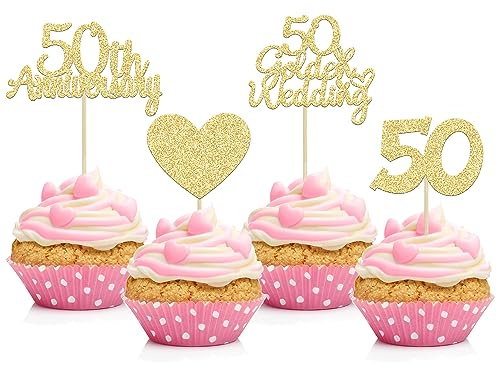 Gyufise 24pcs 50th Golden Wedding Anniversary Cupcake Toppers - Gold Glitter Heart Cake Decoration for Celebration Party Supplies