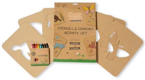 Honeysticks Kids Activity Set - 6 Large Stencils for Kids Plus Jumbo Non-Toxic Beeswax Crayons (8pk), Perfect First Stencils for Toddlers Preschool Art, Drawing and Coloring, Ideal Gifts for 3-5