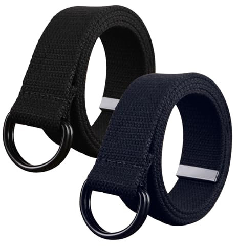 SKHAOVS 2Stück Canvas Gürtel, Herren Leinengürtel, verstellbarer Herren Stoffgürtel Doppel D-Ring, lochloser Gürtel, geeignet für Freizeit und Reisen (Schwarz Blau)