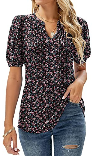 EFFAN Dam V-ringad toppar puff kortärmad t-shirt veckad blommig tryckt tunika blus skjortor, Blommig svart-r, 8-10