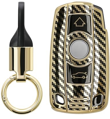 kwmobile Autoschlüssel Hülle kompatibel mit BMW 3-Tasten Funk Autoschlüssel (nur Keyless Go) Hülle - Schlüsselhülle mit Key Ring Anhänger - Cover Gold Schwarz