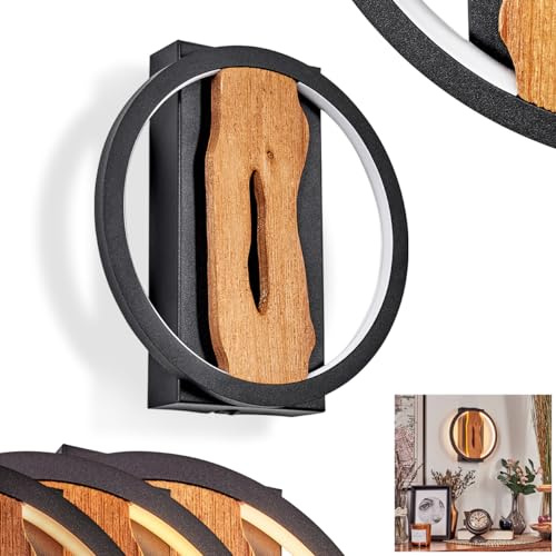 LED Wandleuchte Cornol, dimmbare Wandlampe aus Metall/Holz in Schwarz/Natur, Leuchte im modernen Design mit rundem Schirm (Ø 22 cm), dimmbar über Lichtschalter, 3000 Kelvin, 1700 Lumen, 12 Watt