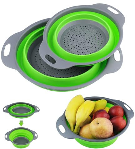 YUUTIAL 2 unidades colador de pasta plegable, colado plegable en silicona, coladr de cocina, cómodo lavado de verduras y frutas, filtro de pasta, almacenamiento en la cocina (Verde)