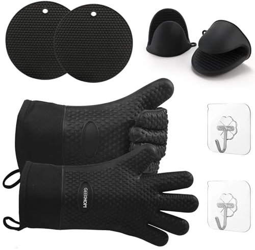 GEEKHOM Silicone Oven Gloves Set, Heat Resistant Oven Mitts and Pot Holders with Sticky Hook Waterproof Non-Slip Kitchen Gloves with Fingers for Cooking Baking Barbecue Grilling Microwave, Black