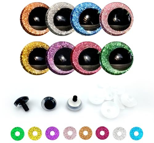 KAOTPO, 32 Stück 25 mm Sicherheitsaugen für häkeltiere mit bunten glitzernden Unterlegscheiben, sowie Augen für häkeltiere und Amigurumi Augen. Insgesamt 8 Farben für Stofftieraugen bei DIY.