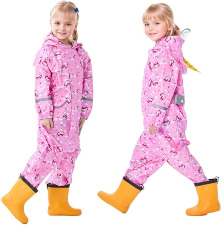 Dioshark Puddle Suit Boys Girls Waterproof Rain Suit with Hood and Reflective Stripes Kids Toddler All in One Muddy Suit Breathable Lightweight Overalls Raincoat Animal Floral Prints for Age 1-9 Years