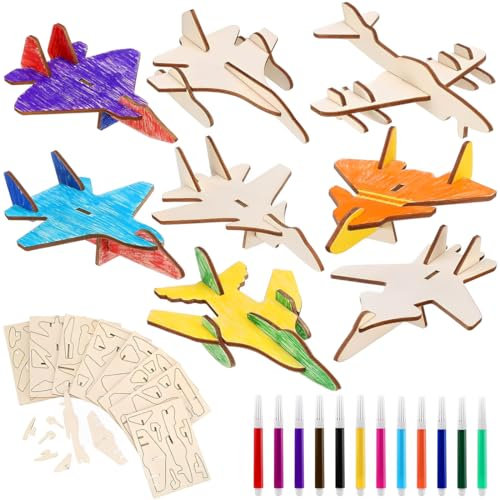 QOCUILC 8pz Modello di Aereo in Legno DIY, Aeroplano in Legno da Costruire, Modello da Verniciare 3D per Bambini e Adulti, Set Creativo Fai Da Te per Colori e Decorazioni