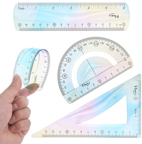 Set di 3 righelli pieghevoli e flessibili, piccoli righelli in plastica dritti e triangolari, goniometri infrangibili, morbidi, per scuola, studenti, aule, ufficio, casa (colorati)