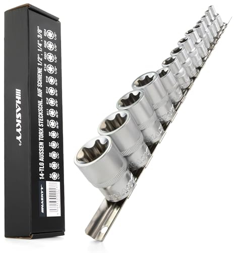 HASKYY Torx Nuss Set 14tlg E-Profil Außentorx Stecknüsse Steckschlüssel Satz E4-E24 1/4 3/8 1/2 Zoll Steckschlüsseleinsätze Innenvierkant auf Schiene