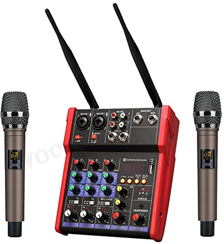 RUHEN Audio Dj Mixer 4 Channels Console with Wireless Microphone Sound Mixing Bluetooth Recording Studio