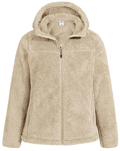 Pioneer Camp Fleecejacke Damen mit Kapuze Warm Flauschig High-Pile Teddyfleece Vollreißverschluss Outdoor Kuscheljacke Sherpa Jacke für Alltag Zuhause（Beige;M