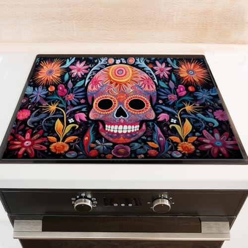 Diatomite Stove Top Covers 28x20 inches Dust-Proof Dish Drying Mat for Gas and Electric Ranges-Vibrant And Colorful Mexican Skull Surrounded By Blooming Flowers