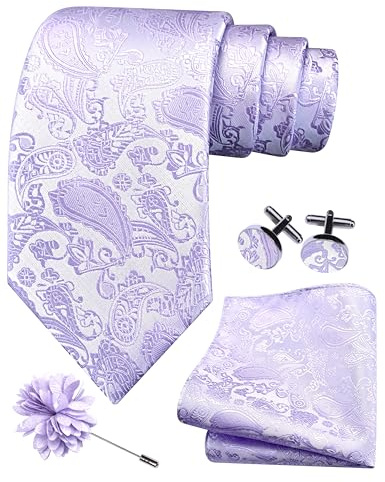 Gusleson Lavender Lilac Tie for Wedding Mens Silk Paisley Light Purple Necktie Pocket Square Cufflinks and Lapel Pin Brooch Set (UK6105-51)