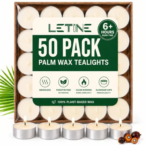 Velas de té de cera de palma, 50 unidades, 6 horas, sin parafina, velas pequeñas sin fragancia, velas blancas, de larga duración, para bodas, fiestas, hogar y emergencias
