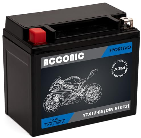 ACCONIC Sportivo AGM YTX12-BS Motorradbatterie 12Ah 12V 180A DIN 51012 Maße: 150x87x130mm ideal für Roller, Moped, Quad & Motorrad – wartungsfrei & auslaufsicher