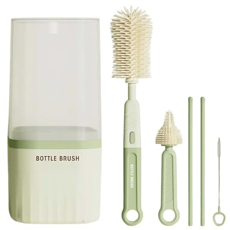 Goupillon Biberon, Brosse Biberon Bébé VertGoupillon Biberons Silicone, Nettoyeur Biberons avec Brosse à Paille Boîte de Rangement,Sans Bpa pour Bébé Essentiels de Voyage