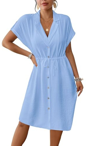 Genfien sommarklänning damer knälång kortärmad blusklänning elegant V-ringad midiklänning casual strandklänning med fickor, blå, S