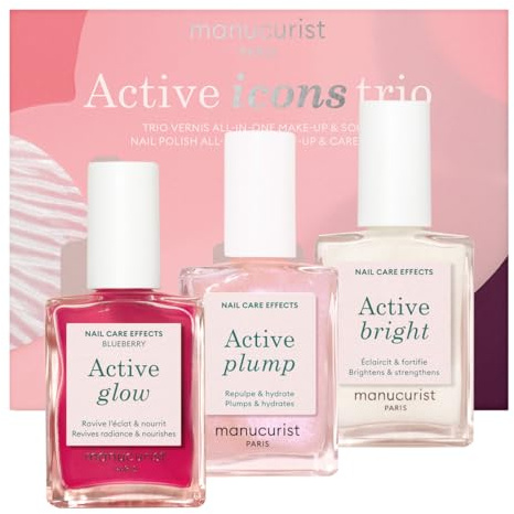 Manucurist Active Icons Trio Nagellack – Active Glow Blueberry, Active Shine, Active Plump Nagellacke – Nagelhärter – Aufhellender Behandlungslack & Pflege – Made in France